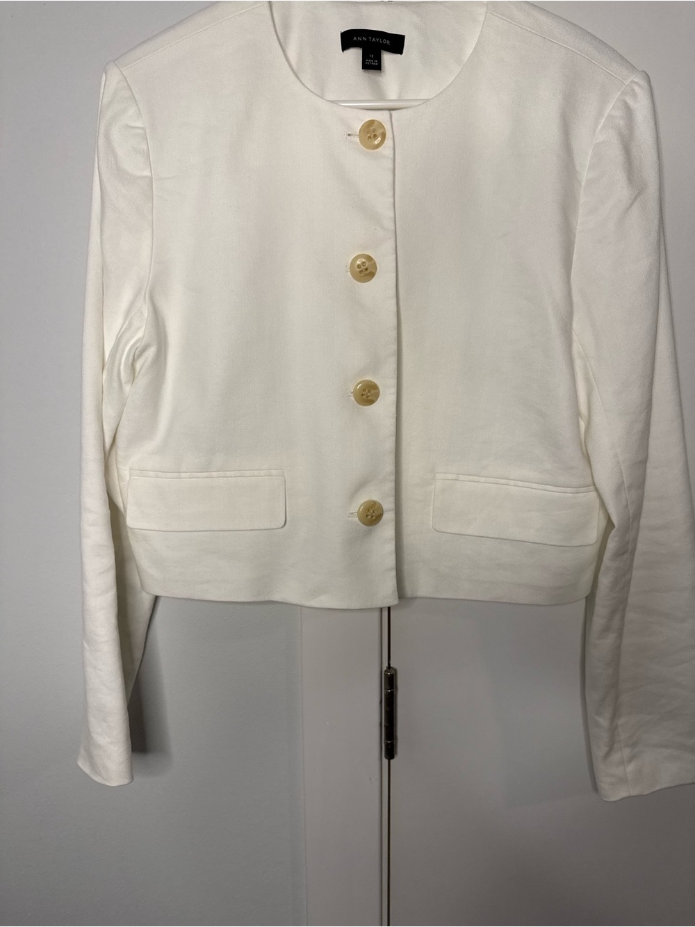 Ann Taylor White Collarless Cropped Blazer with Ivory Buttons